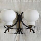 Opaline double globe wall lamp, wrought iron and brass - 50s/60s