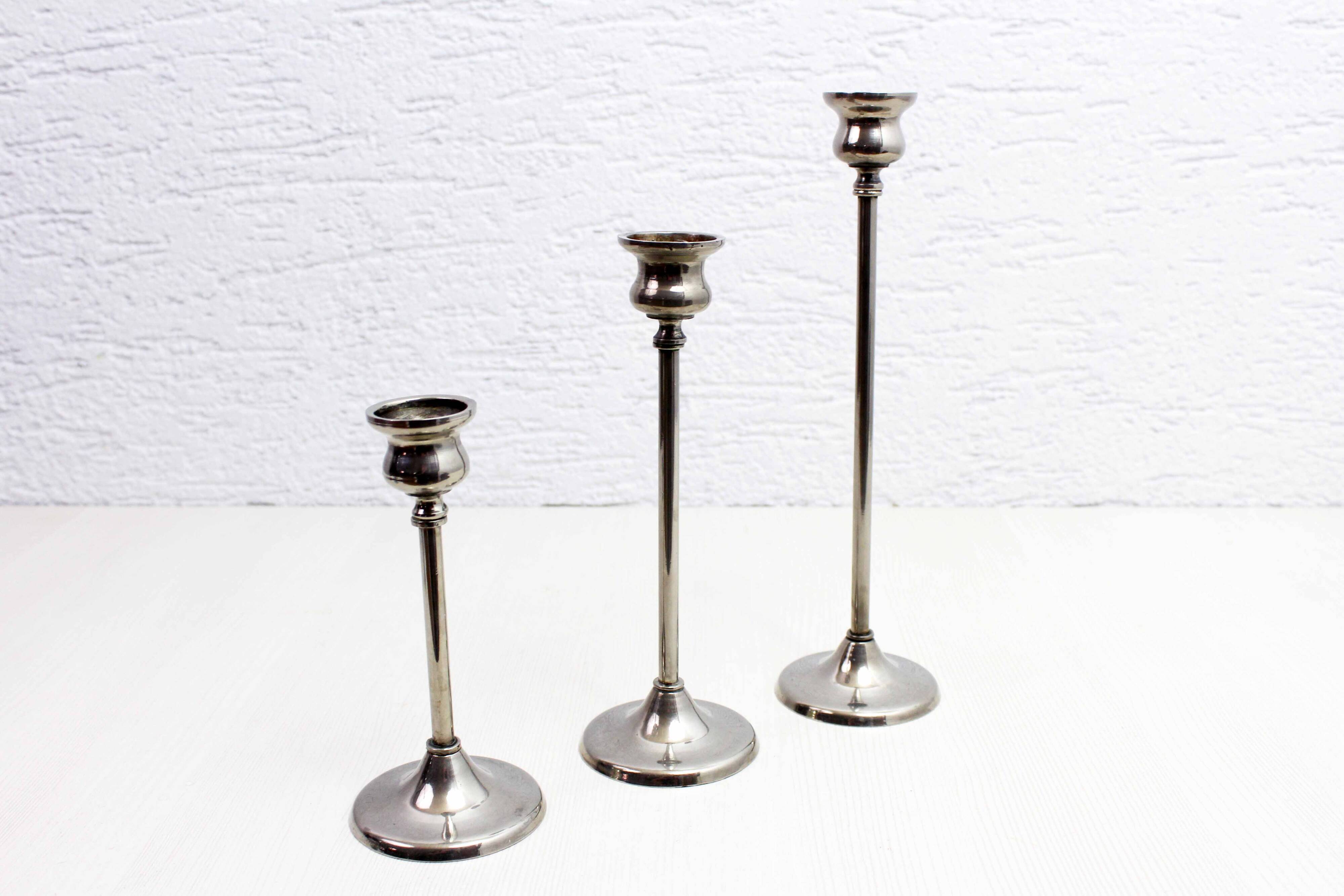 Set of 3 silver metal candle holders