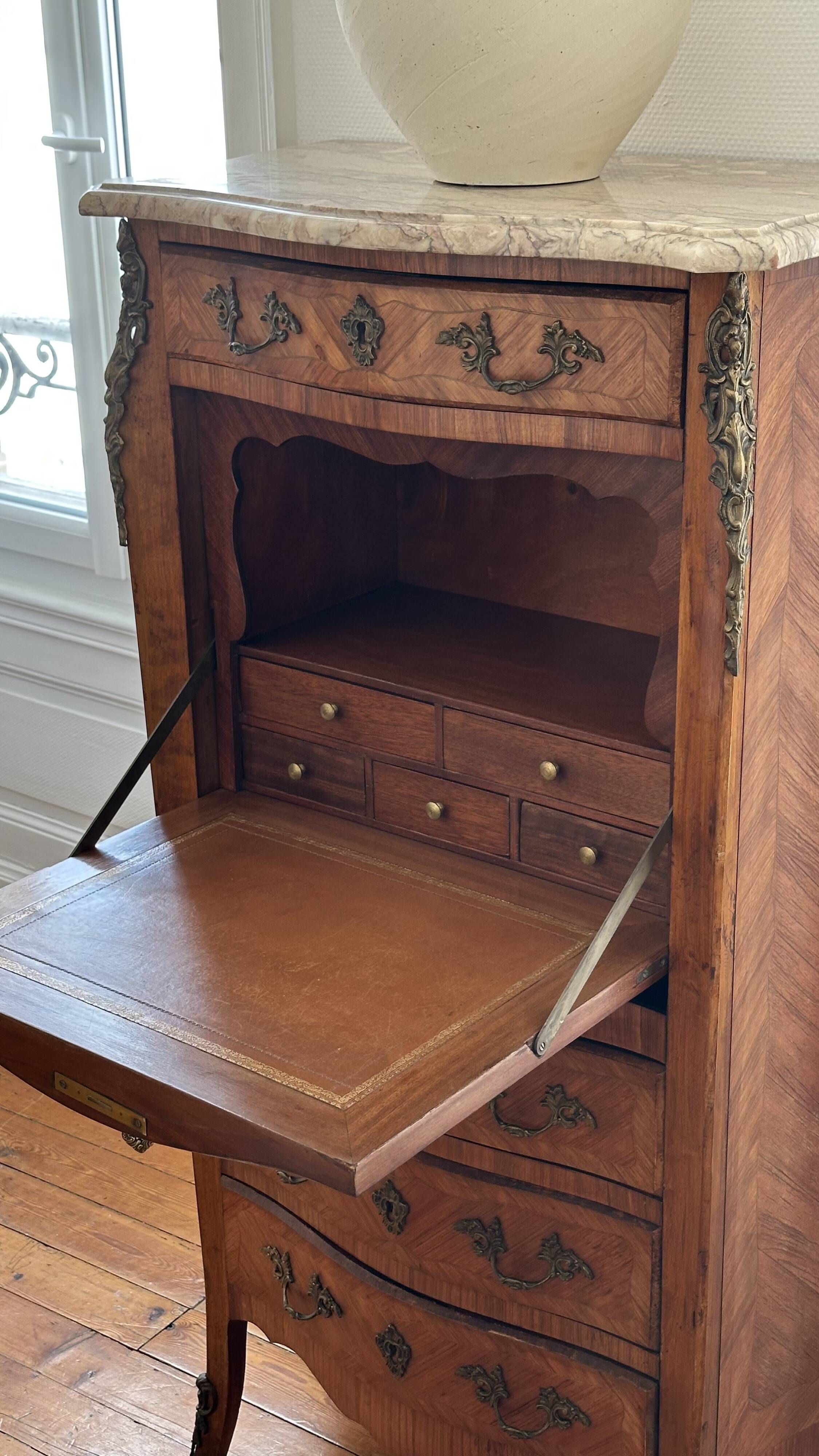 Louis XV style secretary in marquetry and marble