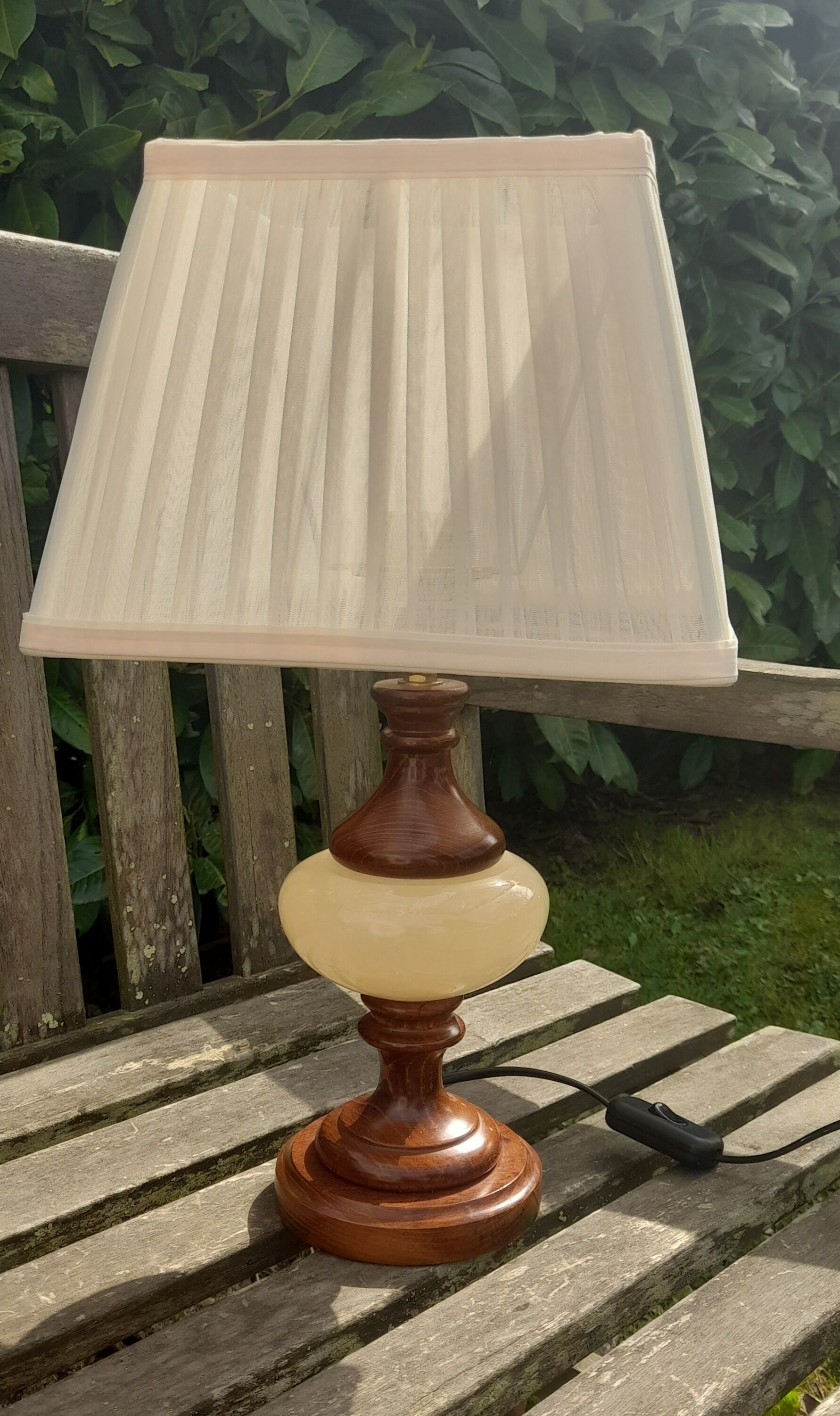 Table lamp foot turned wood and alabaster, round ecru lampshade, 50s
