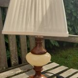 Table lamp foot turned wood and alabaster, round ecru lampshade, 50s