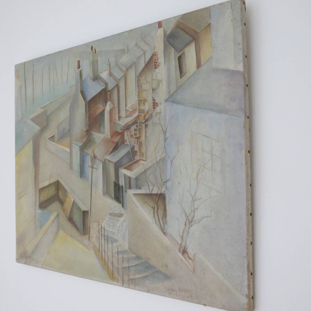1950s Cubist Painting St Ives E Kahnii Oil on Canvas Sunday Morning