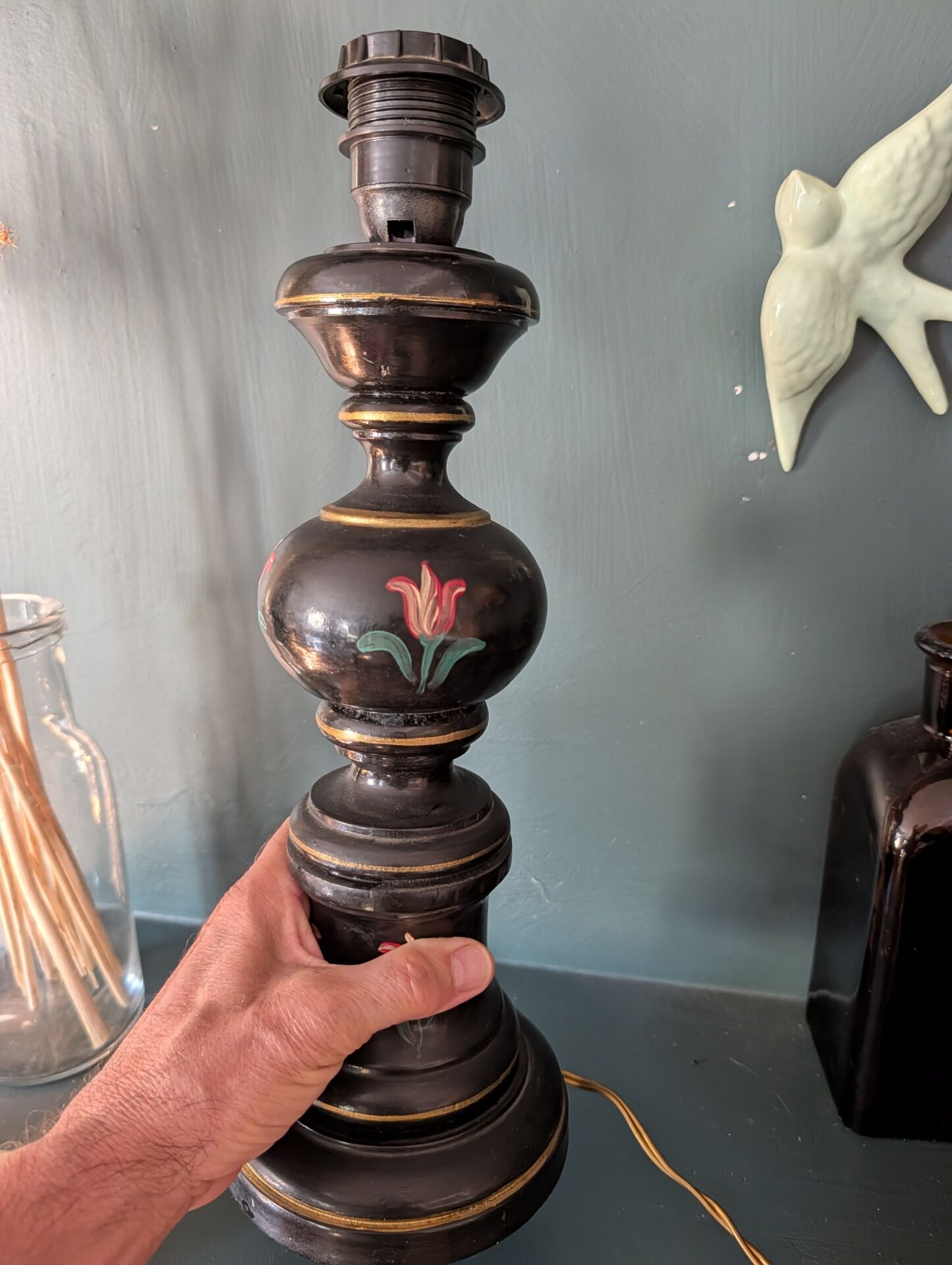Black turned wooden lamp base – painted floral decoration – 1950s/60s