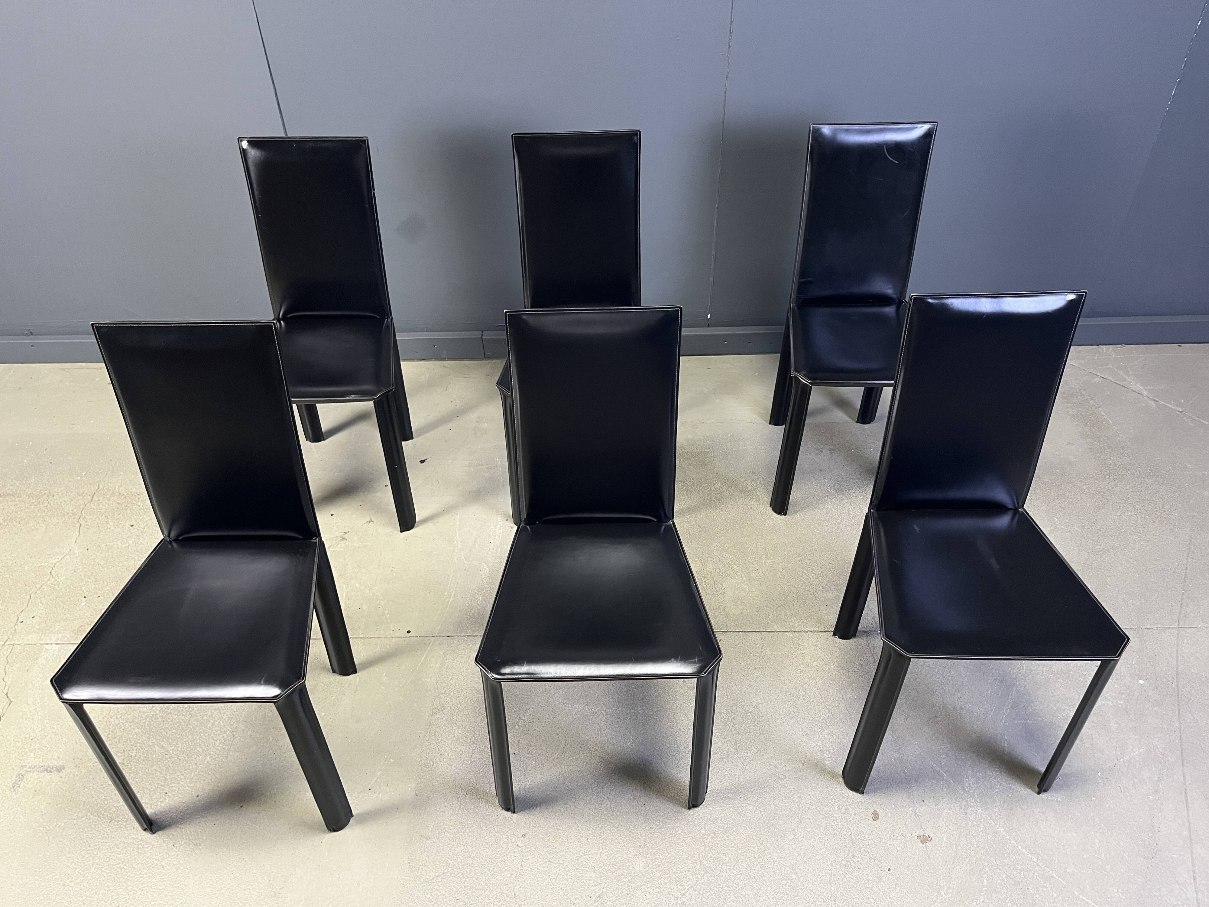 Chaises de salle à manger en cuir noir par De Couro Brazil, années 1980 - lot de 6