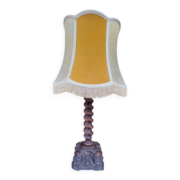 Lampe bois sculpté visages ancienne