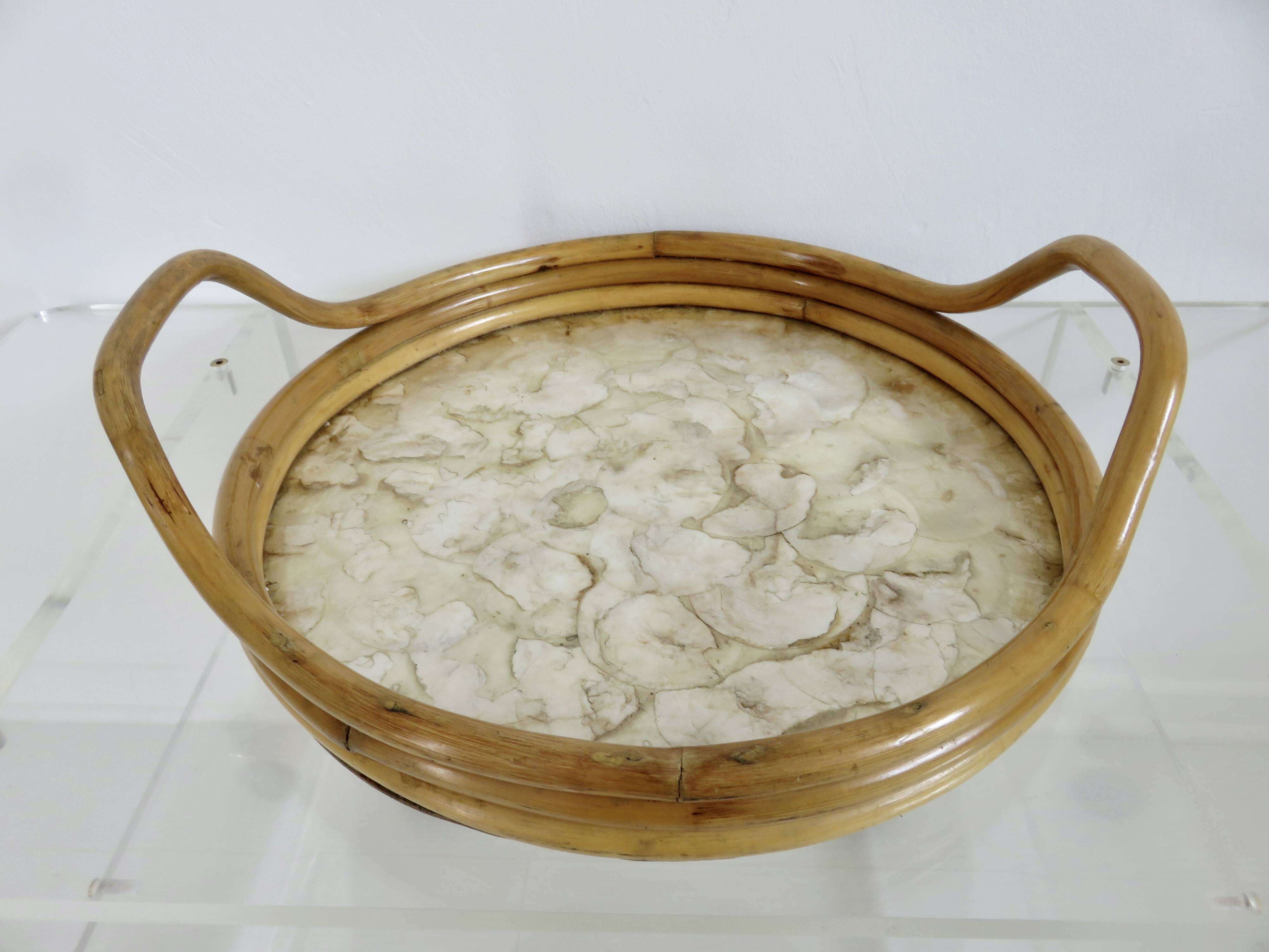 Round tray in bamboo and Capiz mother-of-pearl from the Philippines, made in Italy, 1970