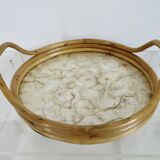Plateau rond en bambou et nacre Capiz des Philippines, made in Italy, 1970