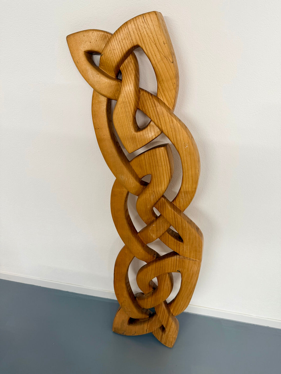 Twisted solid wood sculpture, vintage 1970s design.