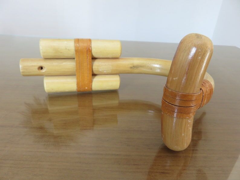 Wooden wall coat door hook with leather straps 60s 70s