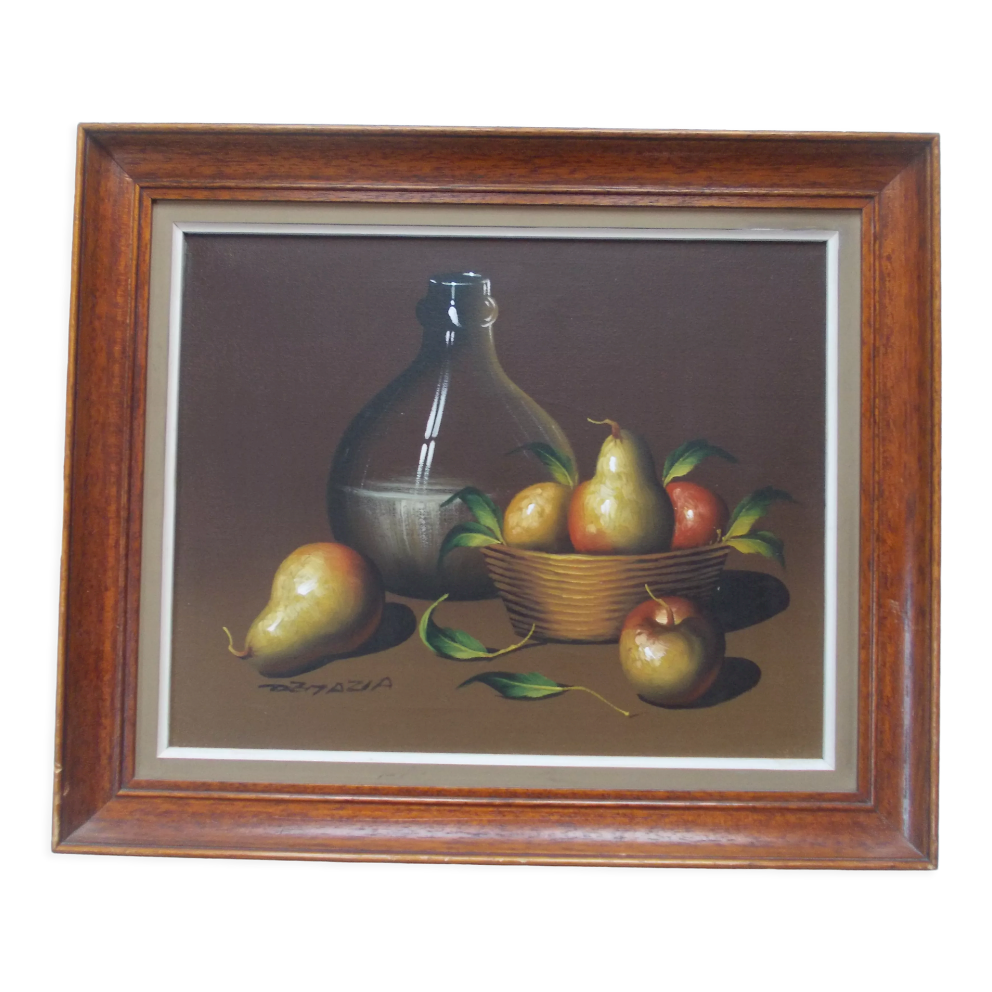 Painting OIL ON CANVAS Still life, BY MAZIA Violet, pears apples kitchen, wooden frame