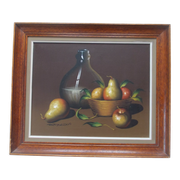 Painting OIL ON CANVAS Still life, BY MAZIA Violet, pears apples kitchen, wooden frame