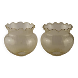 Set of 2 Vintage French Amber Ribbed Effect Glass Shades with Frilled Edge 5595
