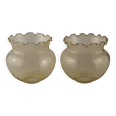 Set of 2 Vintage French Amber Ribbed Effect Glass Shades with Frilled Edge 5595