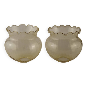 Set of 2 Vintage French Amber Ribbed Effect Glass Shades Frilled Edge 5595
