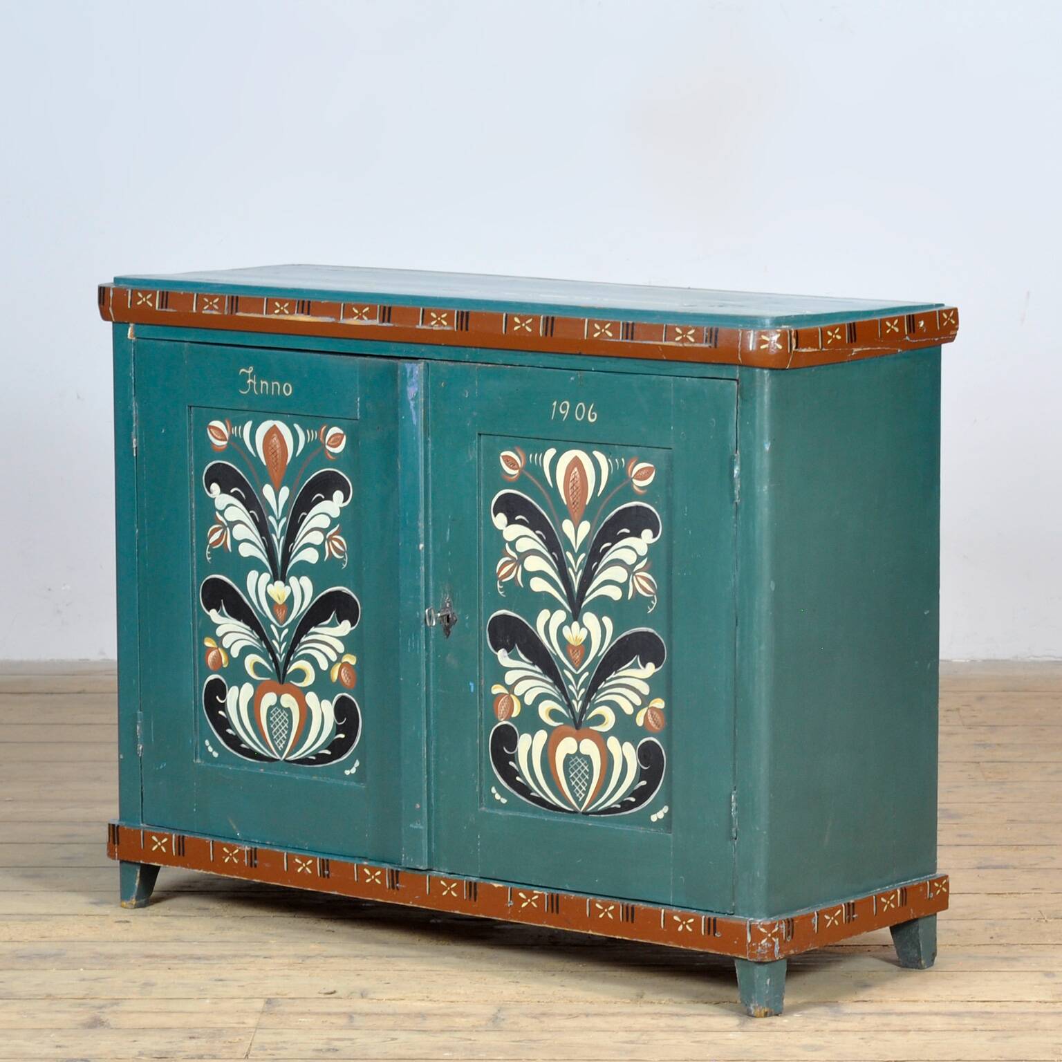 Original antique Swedish cabinet with blue-green folk style painting, dated 1906