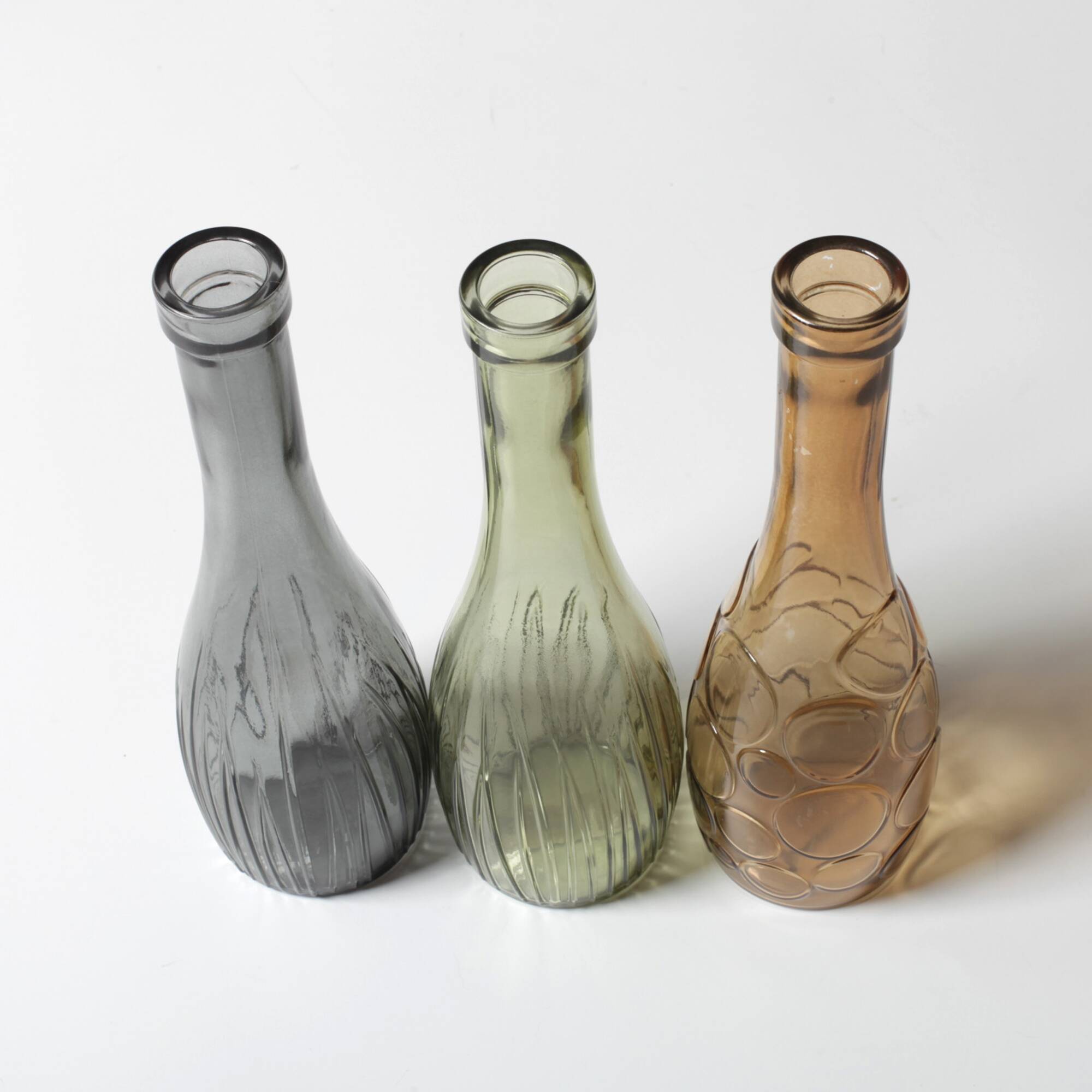 Set of 3 Grey, Green and Amber Glass Vases / Colored Bottles / Ikea / 2000s