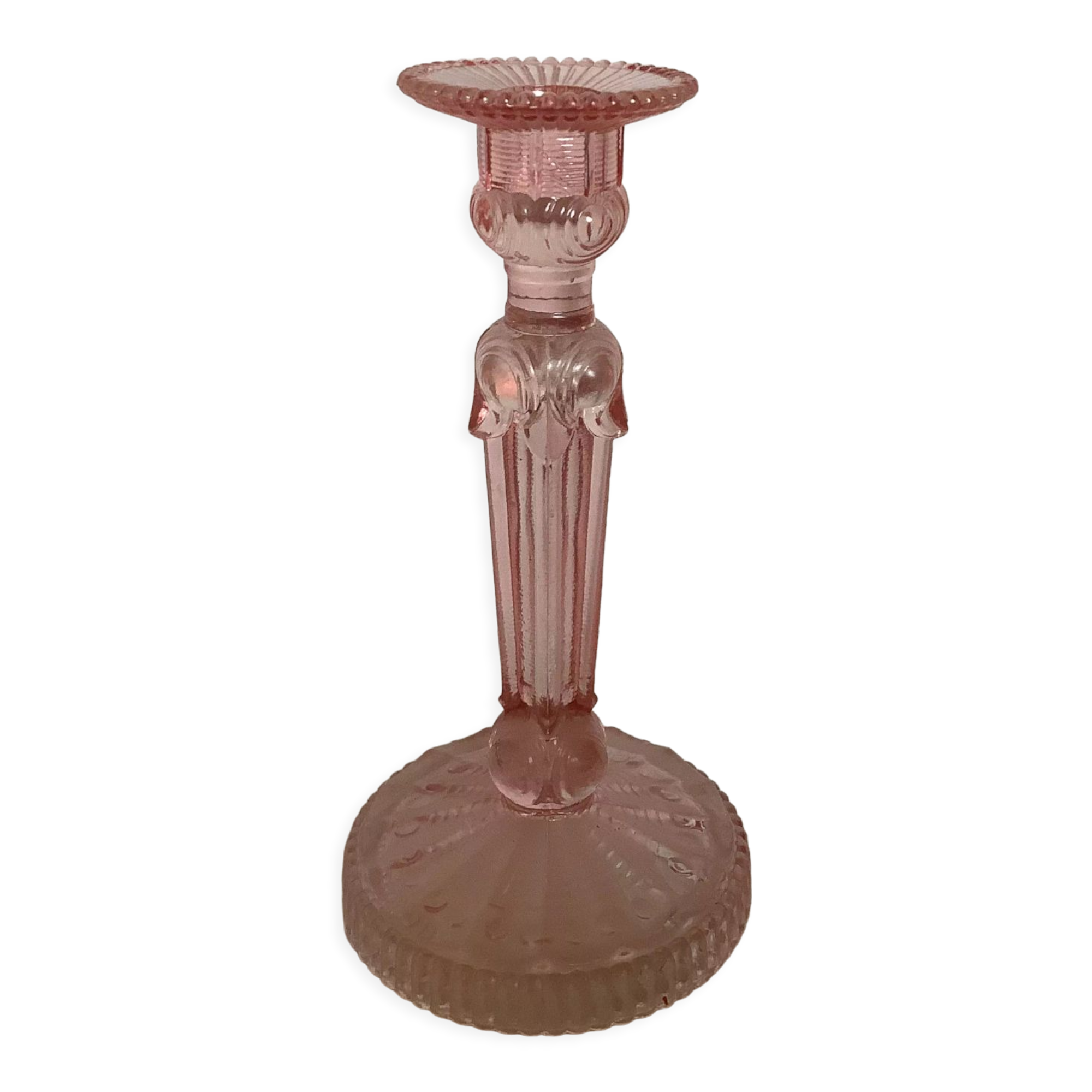 Old pink glass candlestick in Rosaline style.