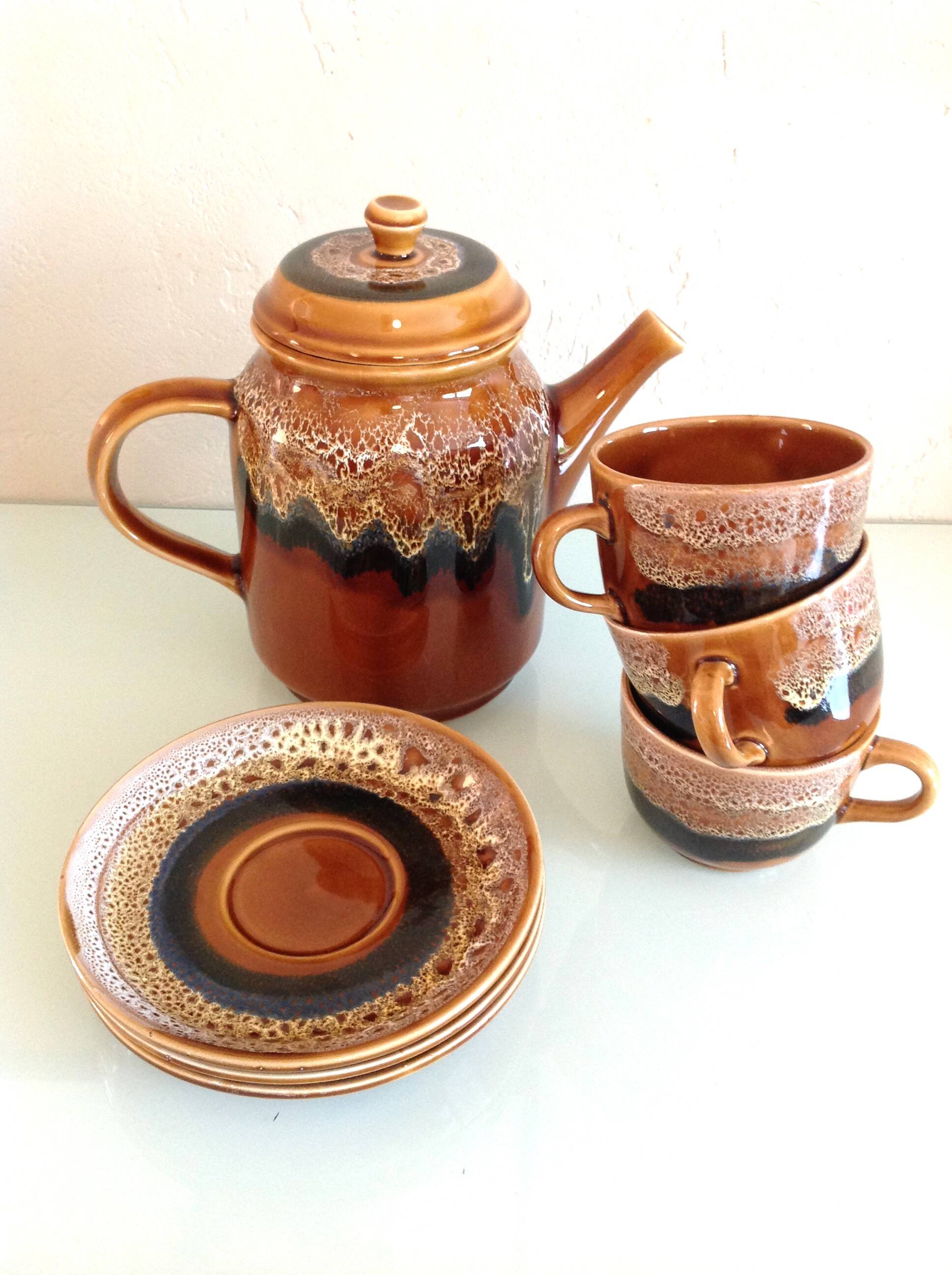 Hawaiian decor coffee service from the Sarreguemines faience factories / vintage 60s-70s