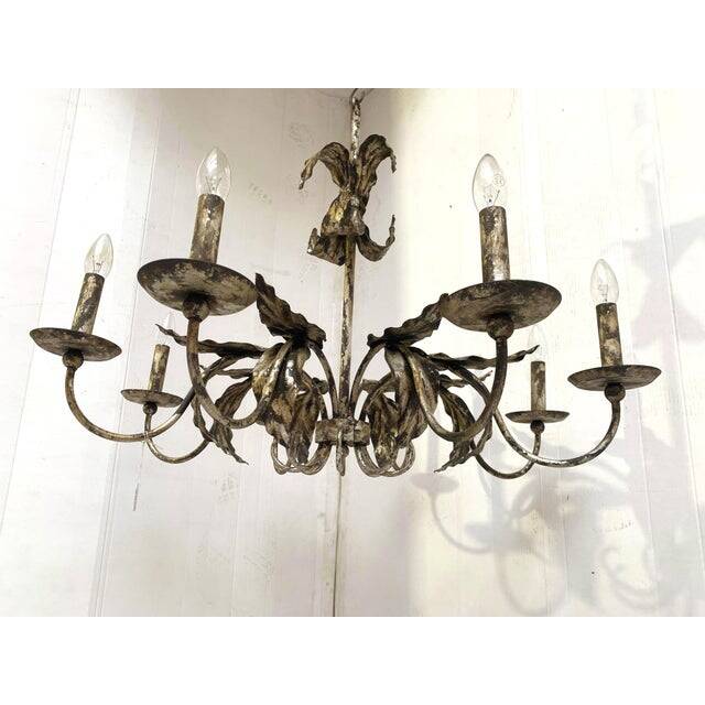 Contemporary brunish-silver florentine wrought iron chandelier
