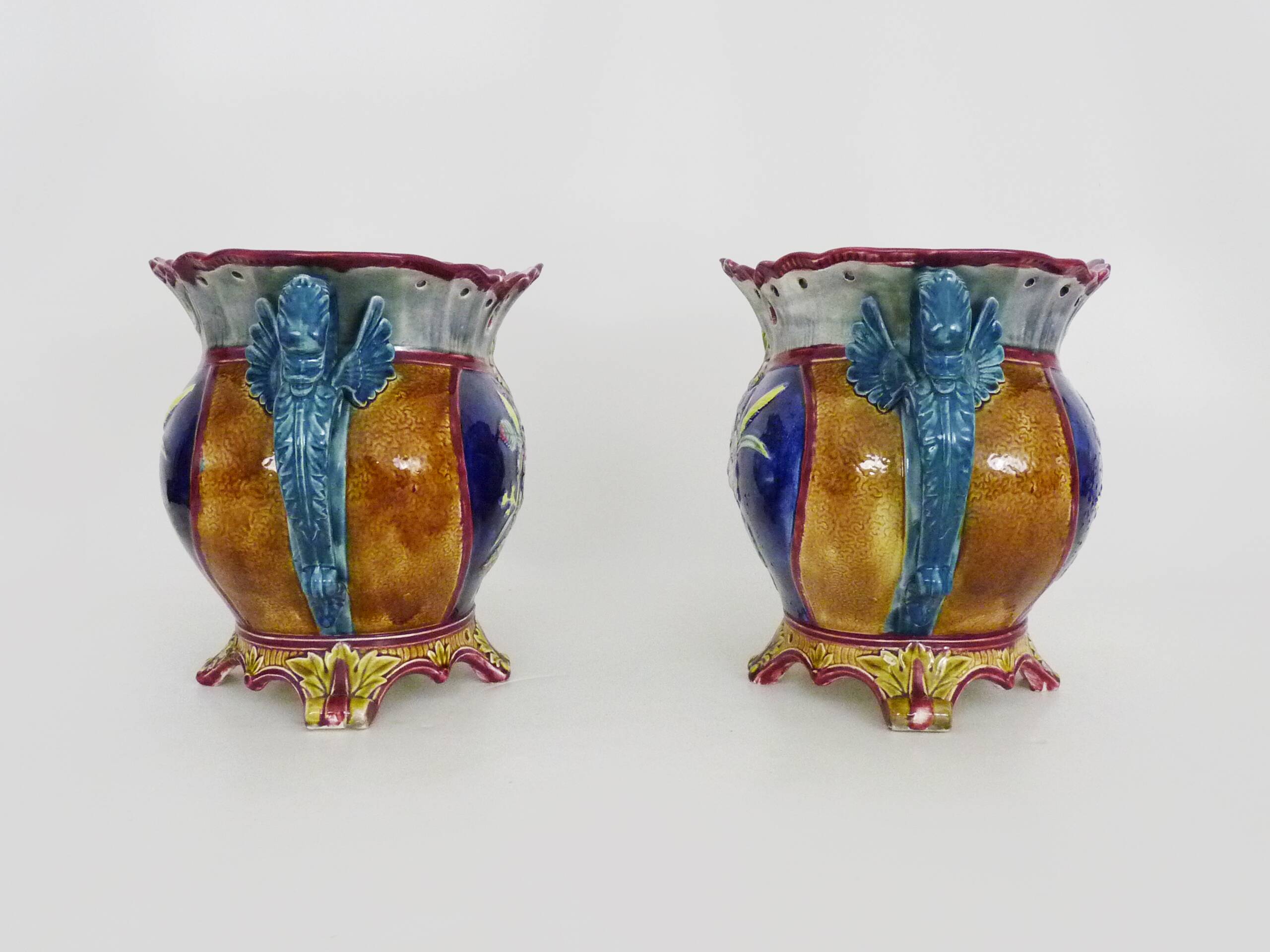 Pair of antique Art Nouveau dragon slip planters