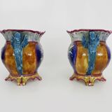 Pair of antique Art Nouveau dragon slip planters