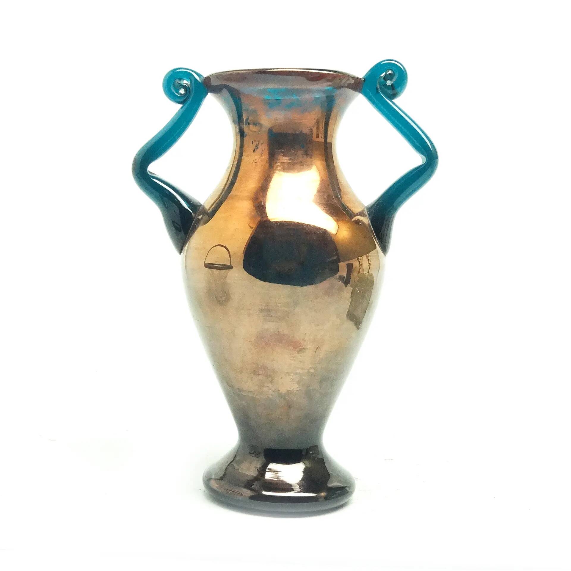 Postmodern vase, copper and turquoise glass, Huta Hortensja, Poland, 1970s