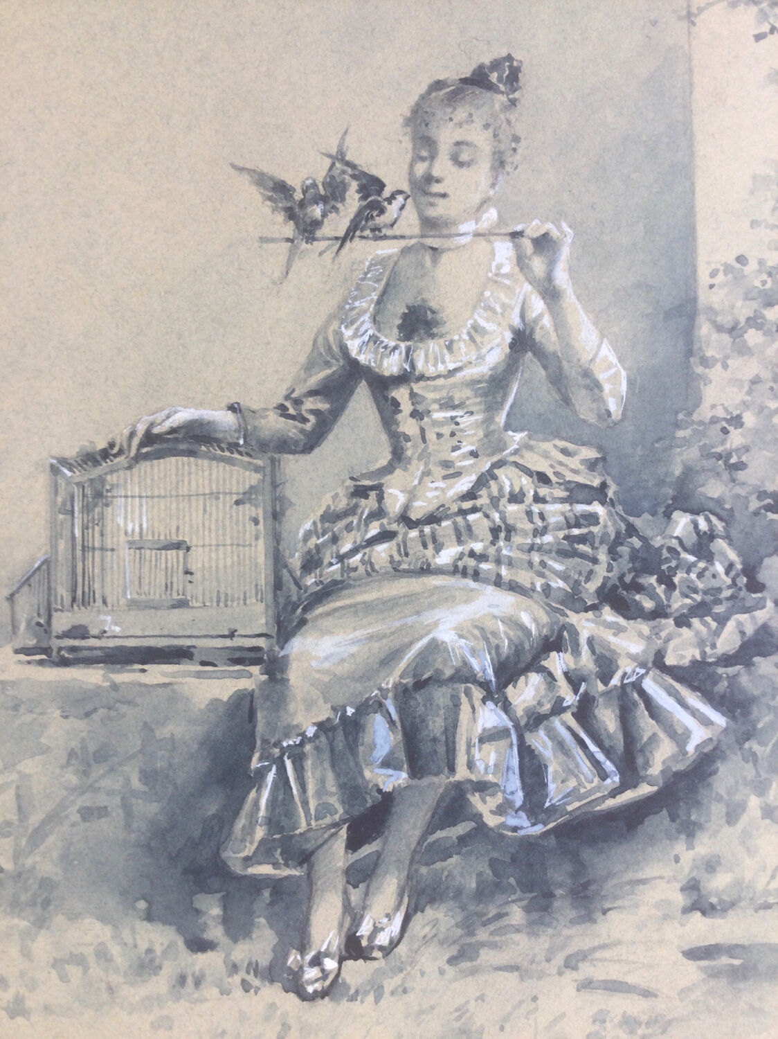 Elegant with birds, wash and gouache by Eugene GRIVAZ, 1860-1918