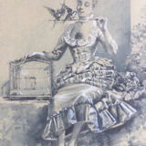 Elegant with birds, wash and gouache by Eugene GRIVAZ, 1860-1918