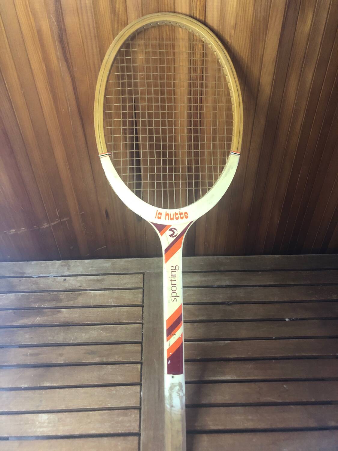 Old la hutte tennis racket wood + cross & protective cover