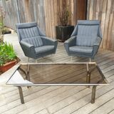 Vintage golden 70s coffee table and space age smoked glass