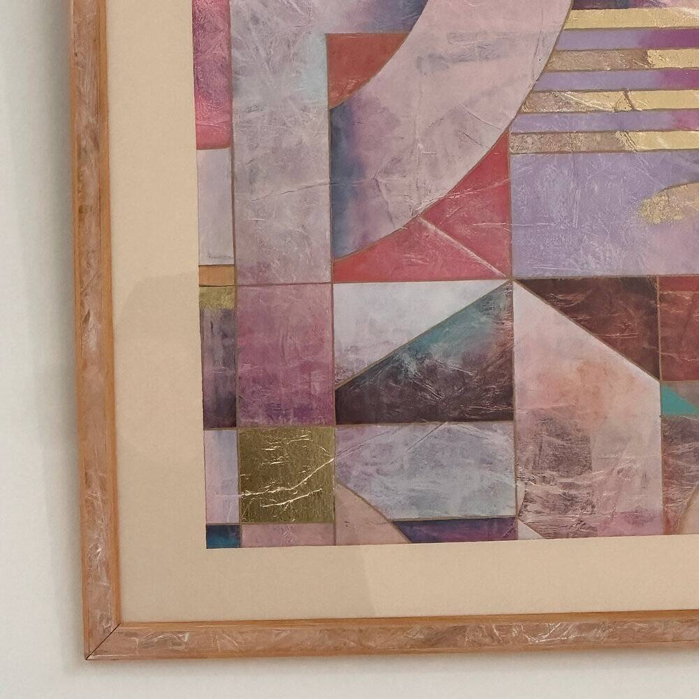 Pair of large Richard Hall geometric abstract mixed media lithographs with gold