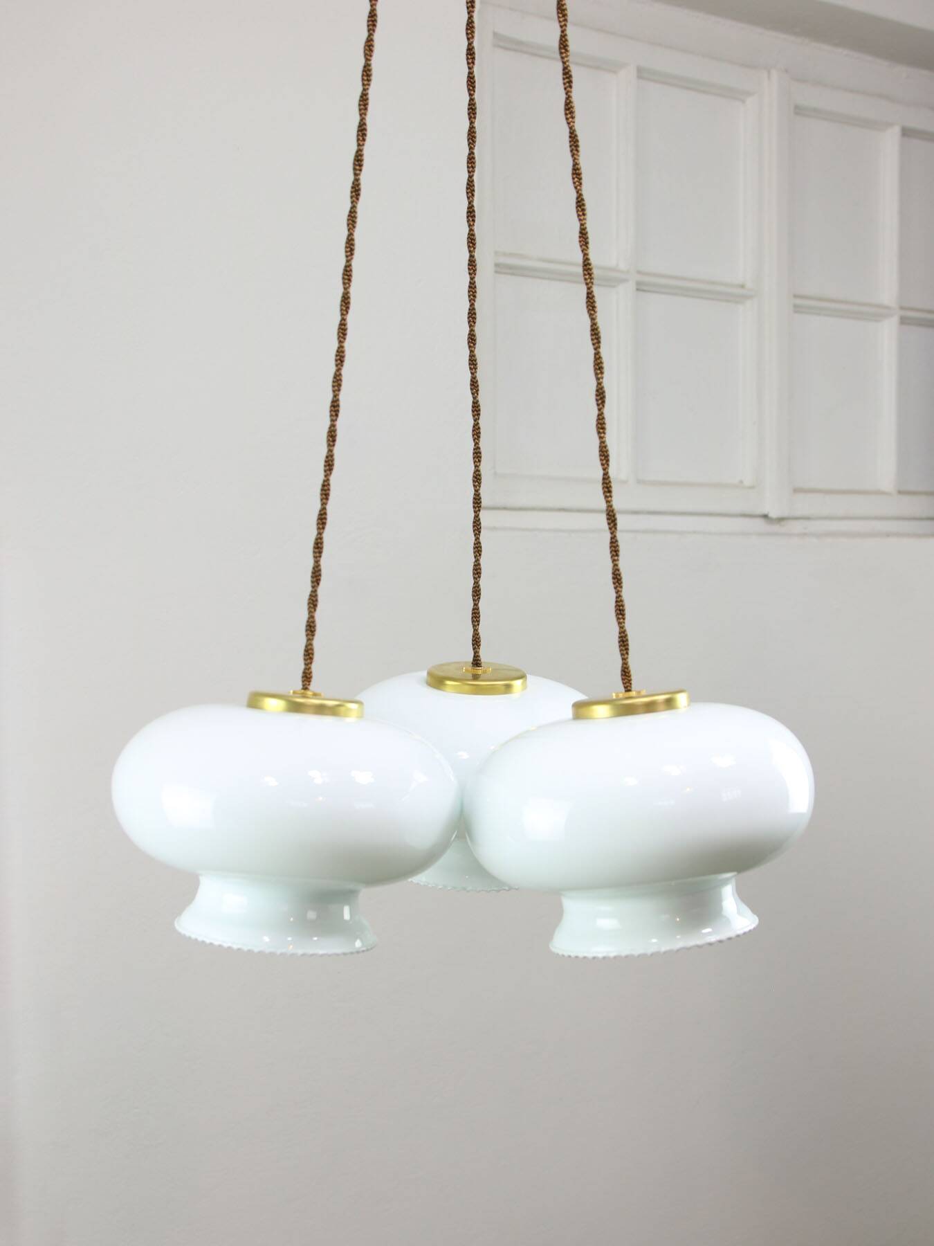 Mid-Century Italian Opaline Glass & Brass Pendant Lamp, set of 3