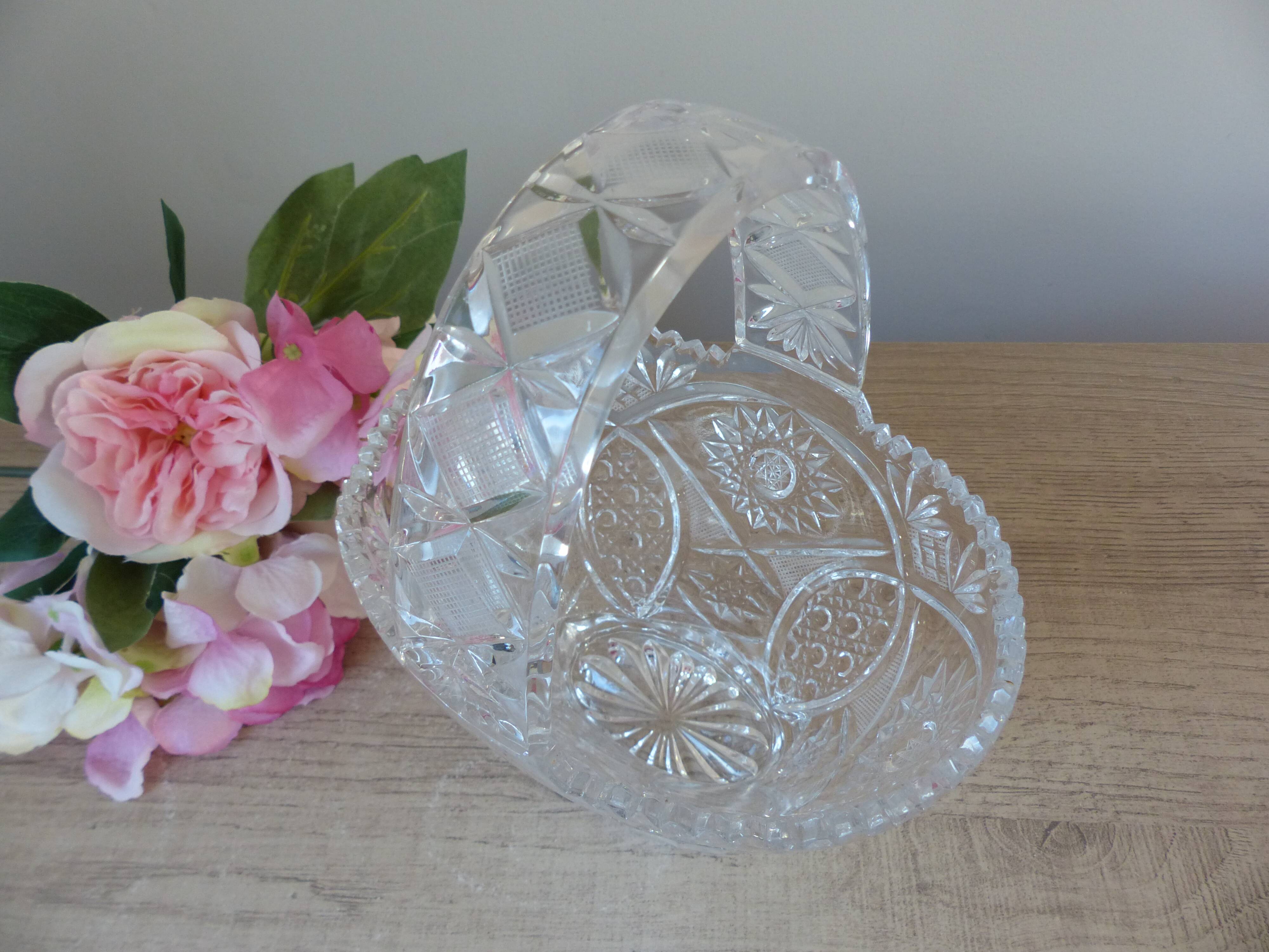 Vintage 1970s crystal basket – oval bowl with handle