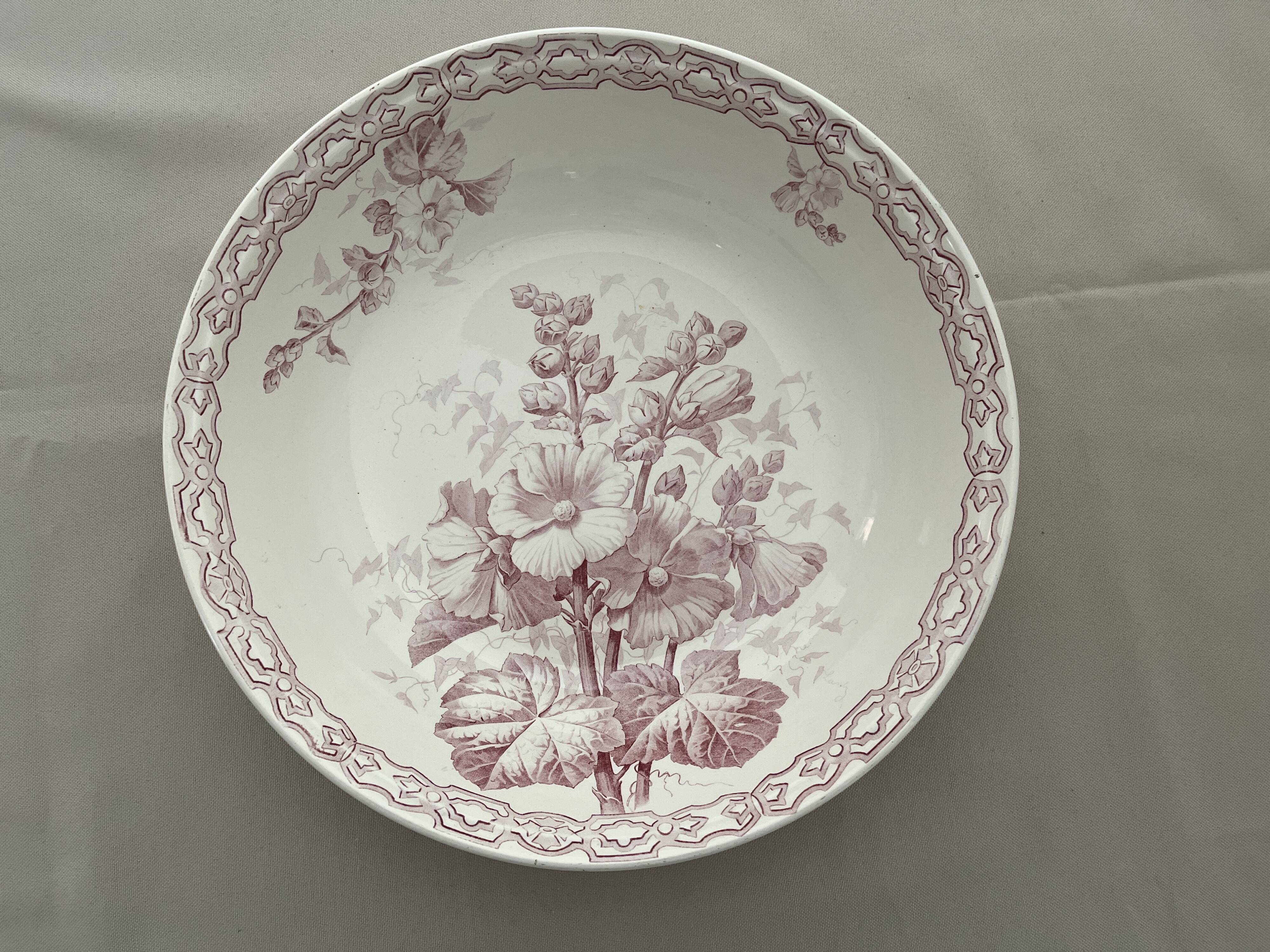 Large porcelain salad bowl, hollyhock decoration, Terre de Fer
