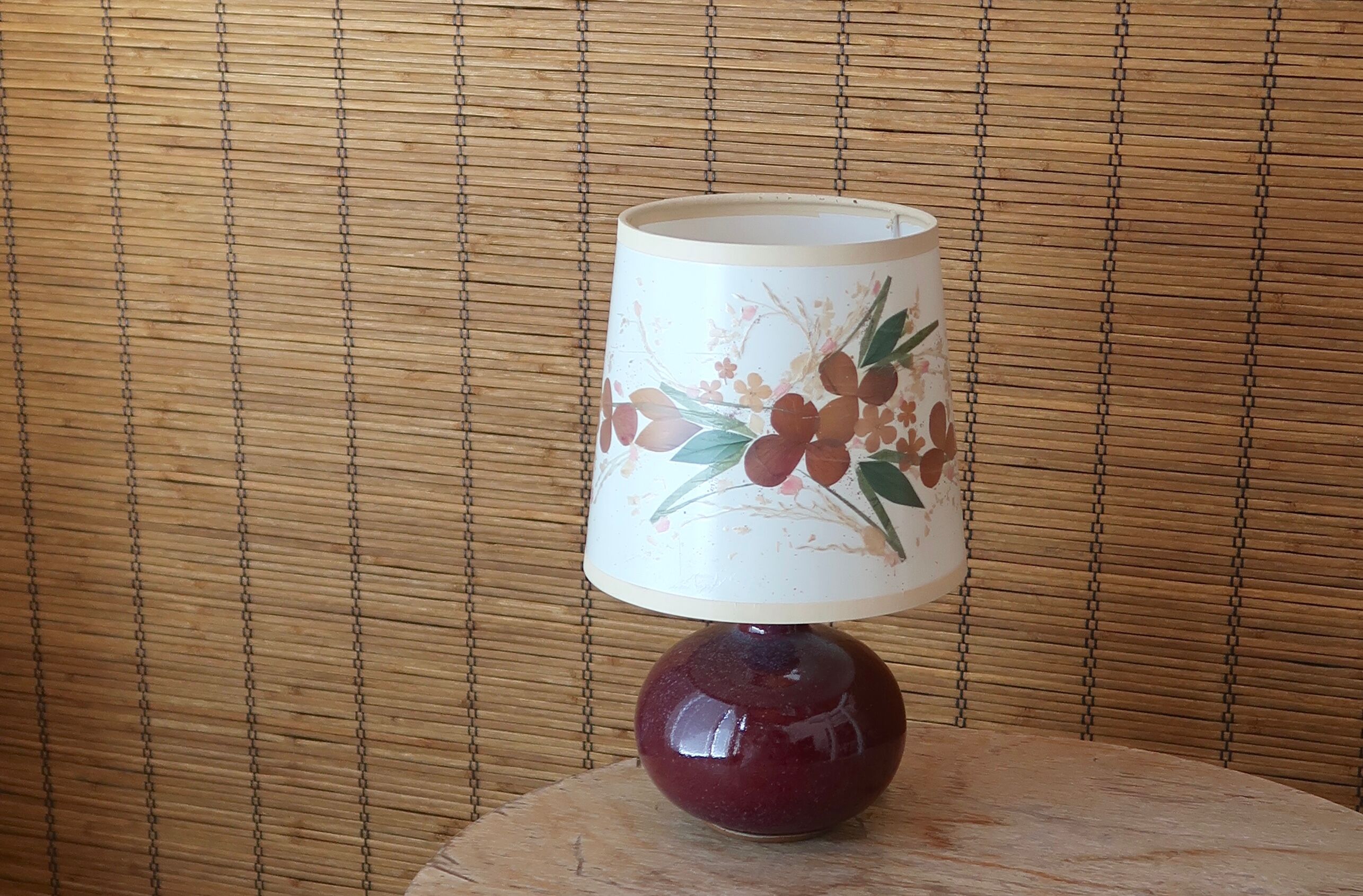 Purple pink ceramic lamp, herbarium-style lampshade, 60s