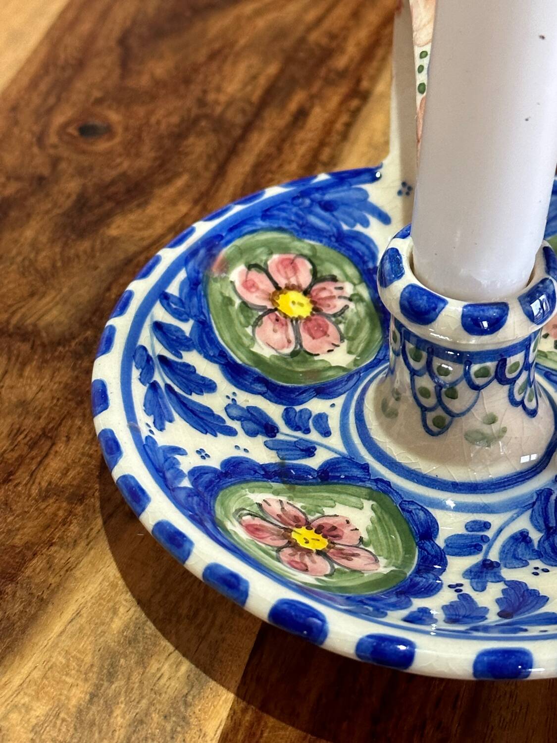 Ceramic candle holder - blue with pink flowers