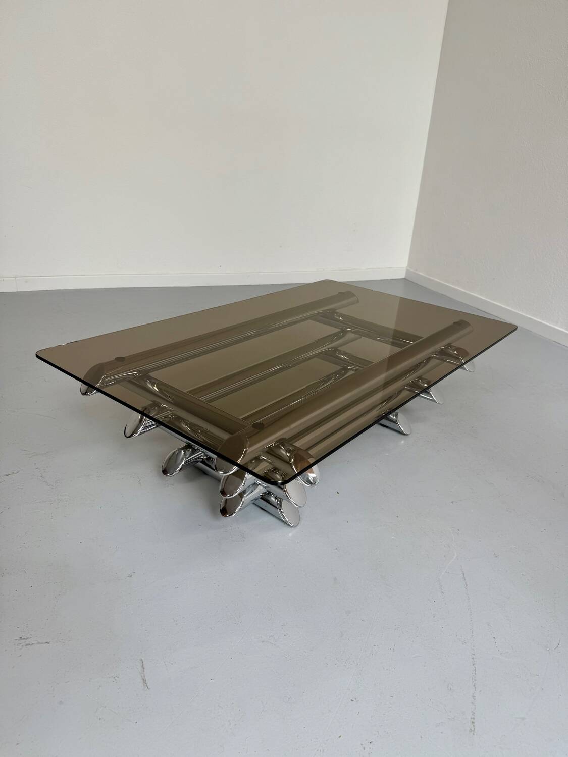 Space coffee table from the 70s, tubular metal and glass, Italian design