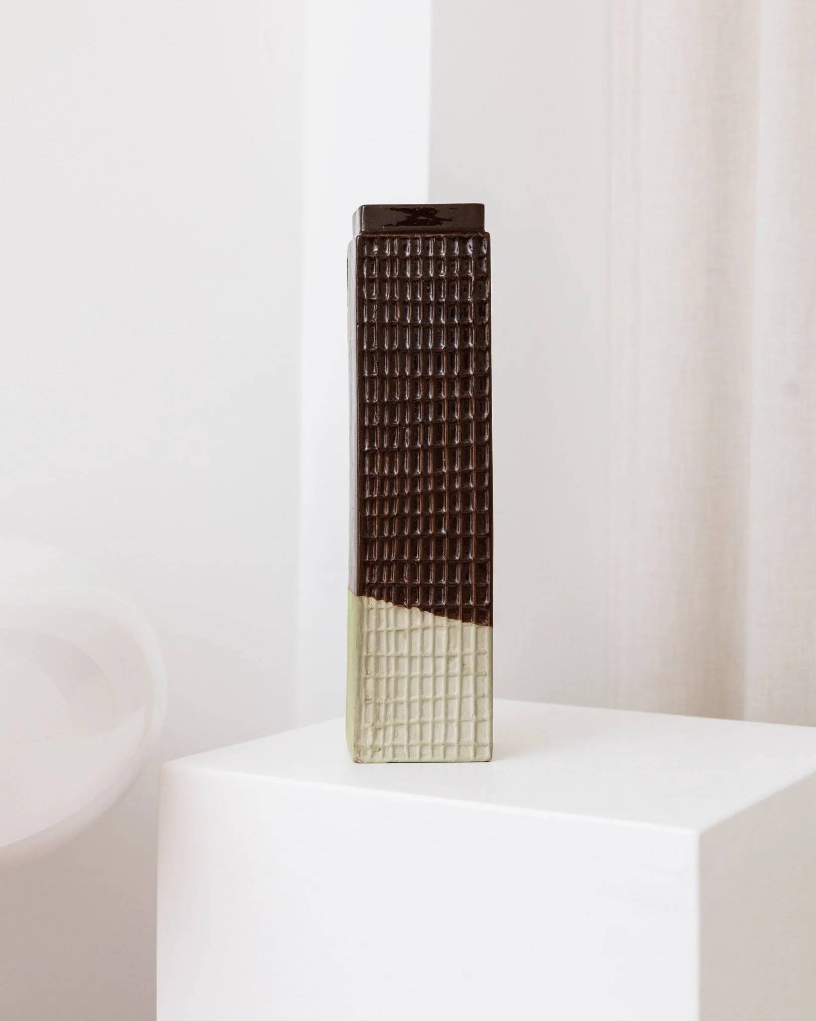 Brown ceramic skyscraper vase, Czech mid-century 1960s design, textured grid