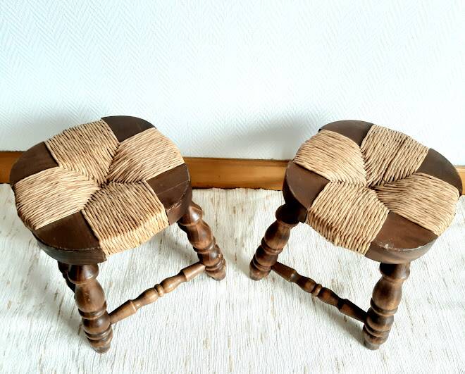 Pair of wood and straw fireplace stools, 1950s