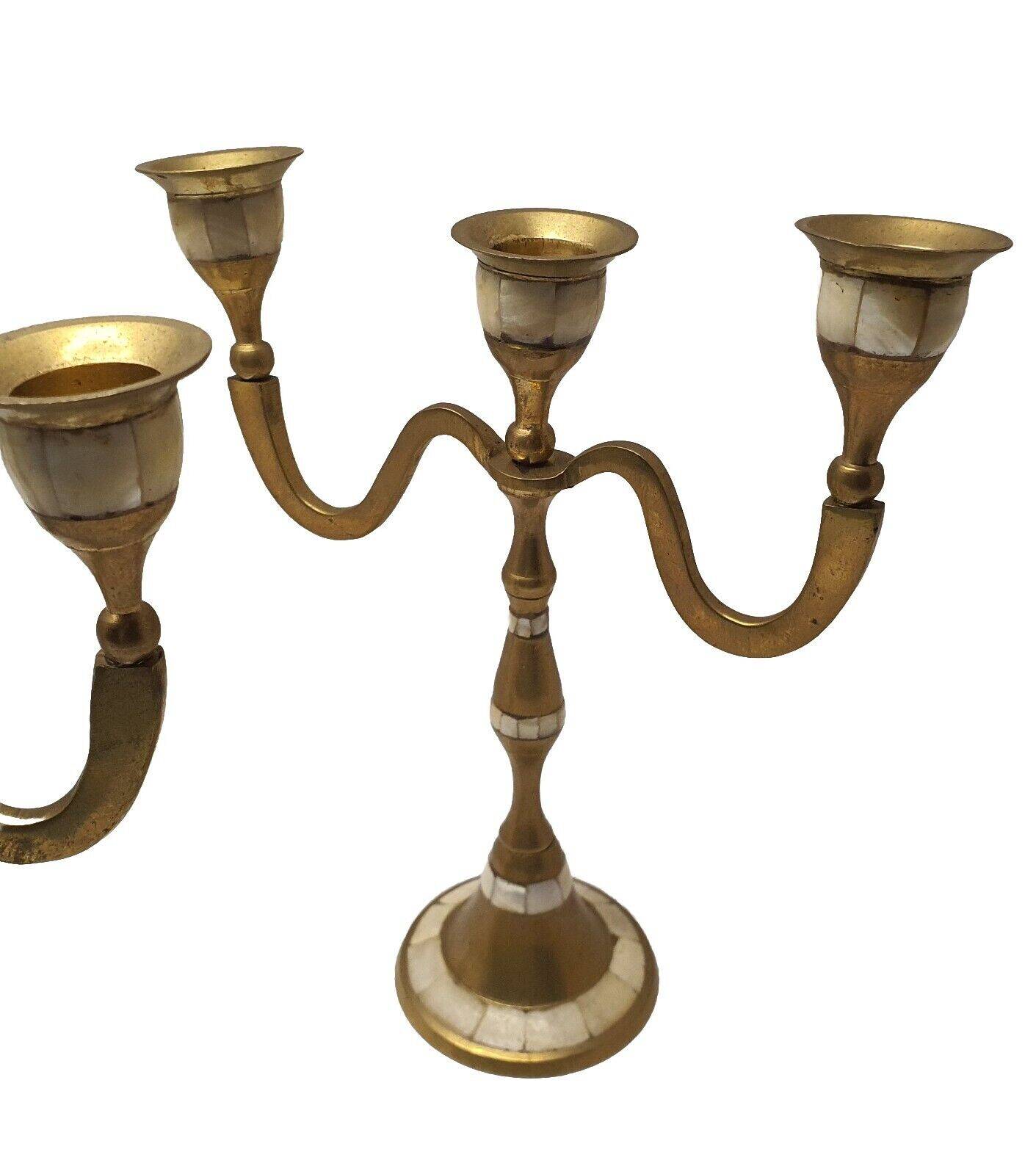 Set of 3-light brass candlesticks with mother-of-pearl intrusion
