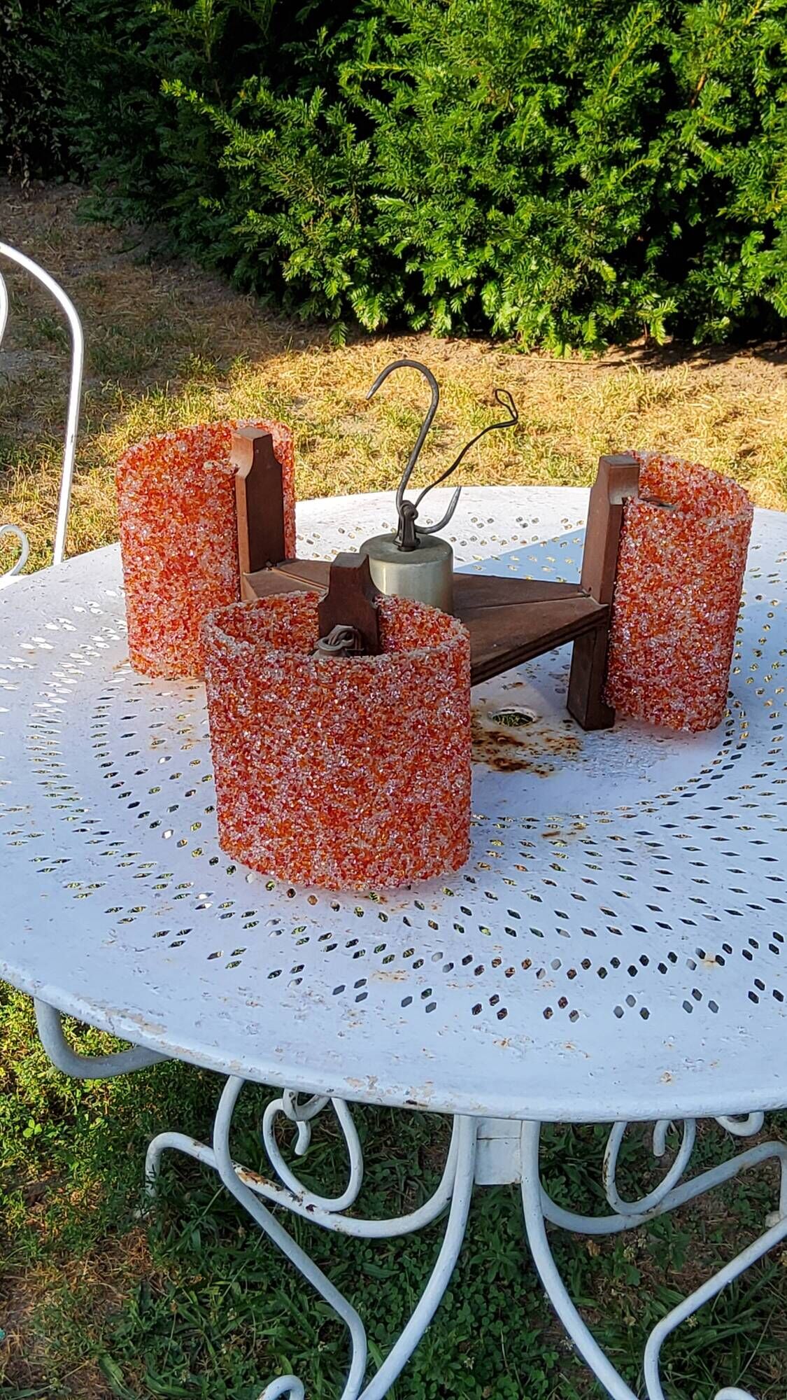 70s Scandinavian style chandelier in wood and orange granite resin 3 lights