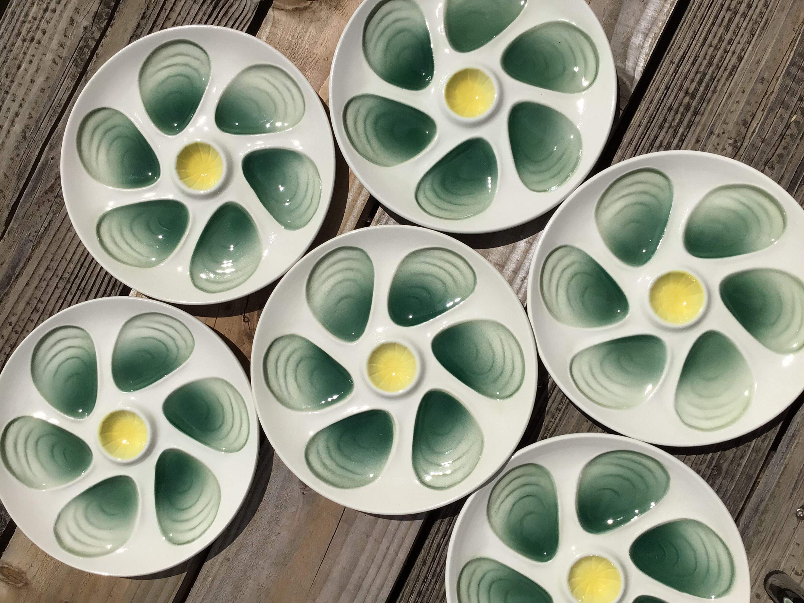 6 oyster plates Salins green earthenware cream