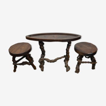 Organic grape vine root set of two stools and 1 side table, ca 1950