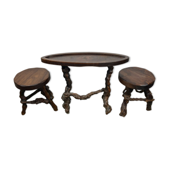 Organic grape vine root set of two stools and 1 side table, ca 1950