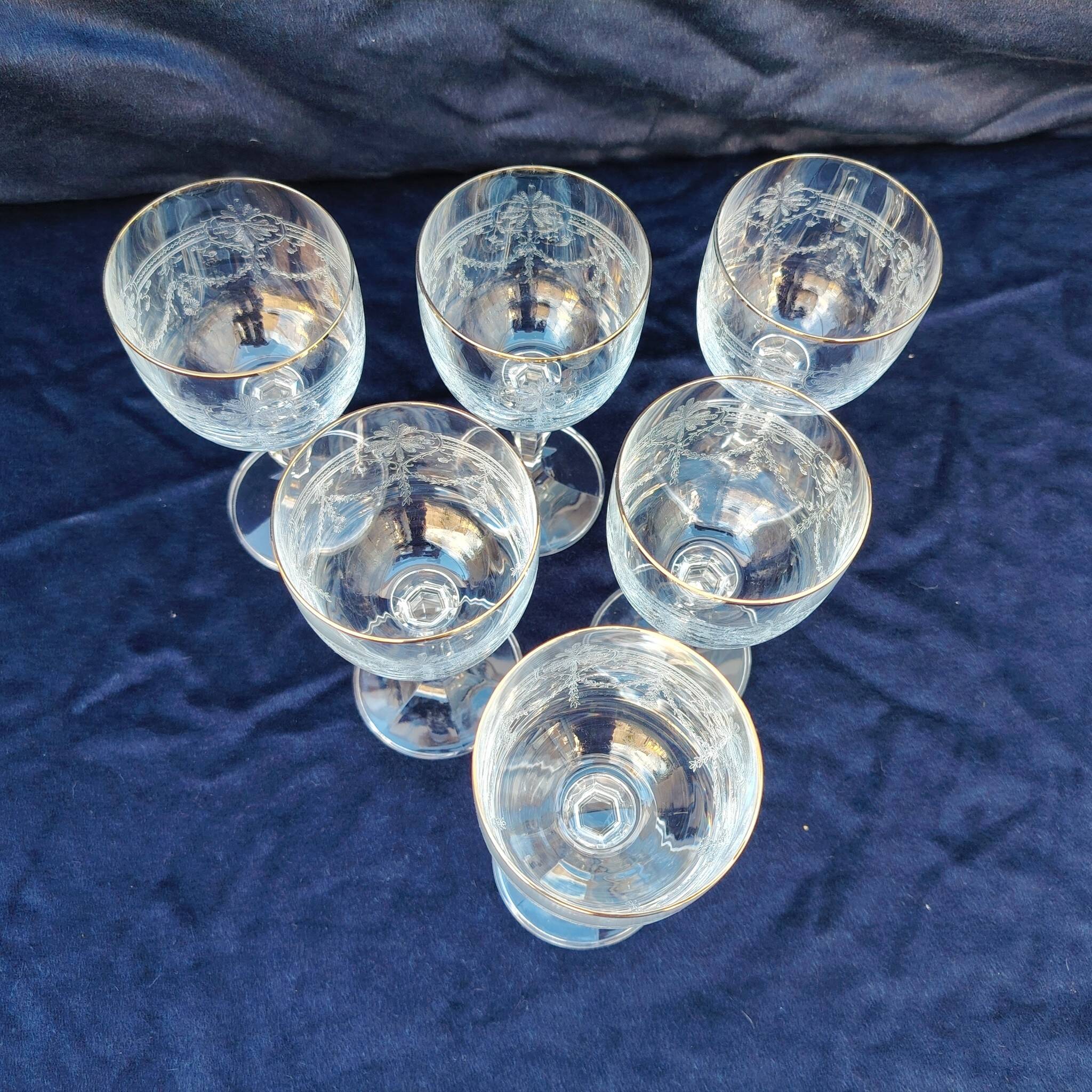 Six vintage wine glasses, cut crystal, gold rim