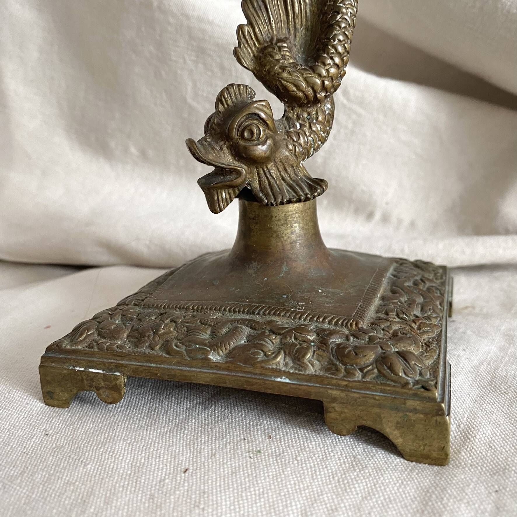 Antique dolphin candlestick from the 19th century, fish candlestick.