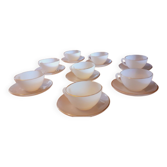 8 vintage cups and saucers from the 60s Arcopal model Arlequin white opaline