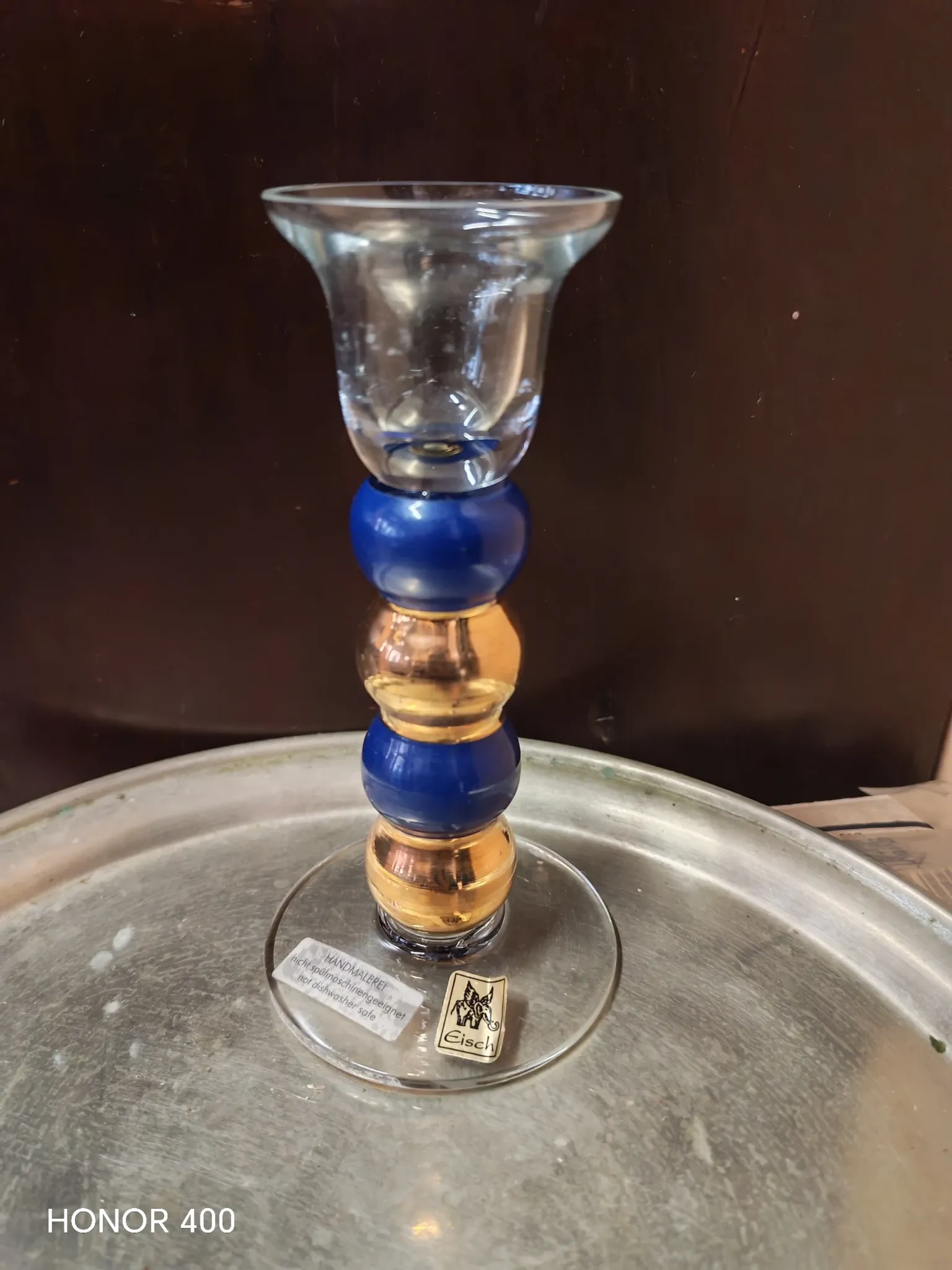 Post-modern cobalt blue glass candlestick, Memphis style.