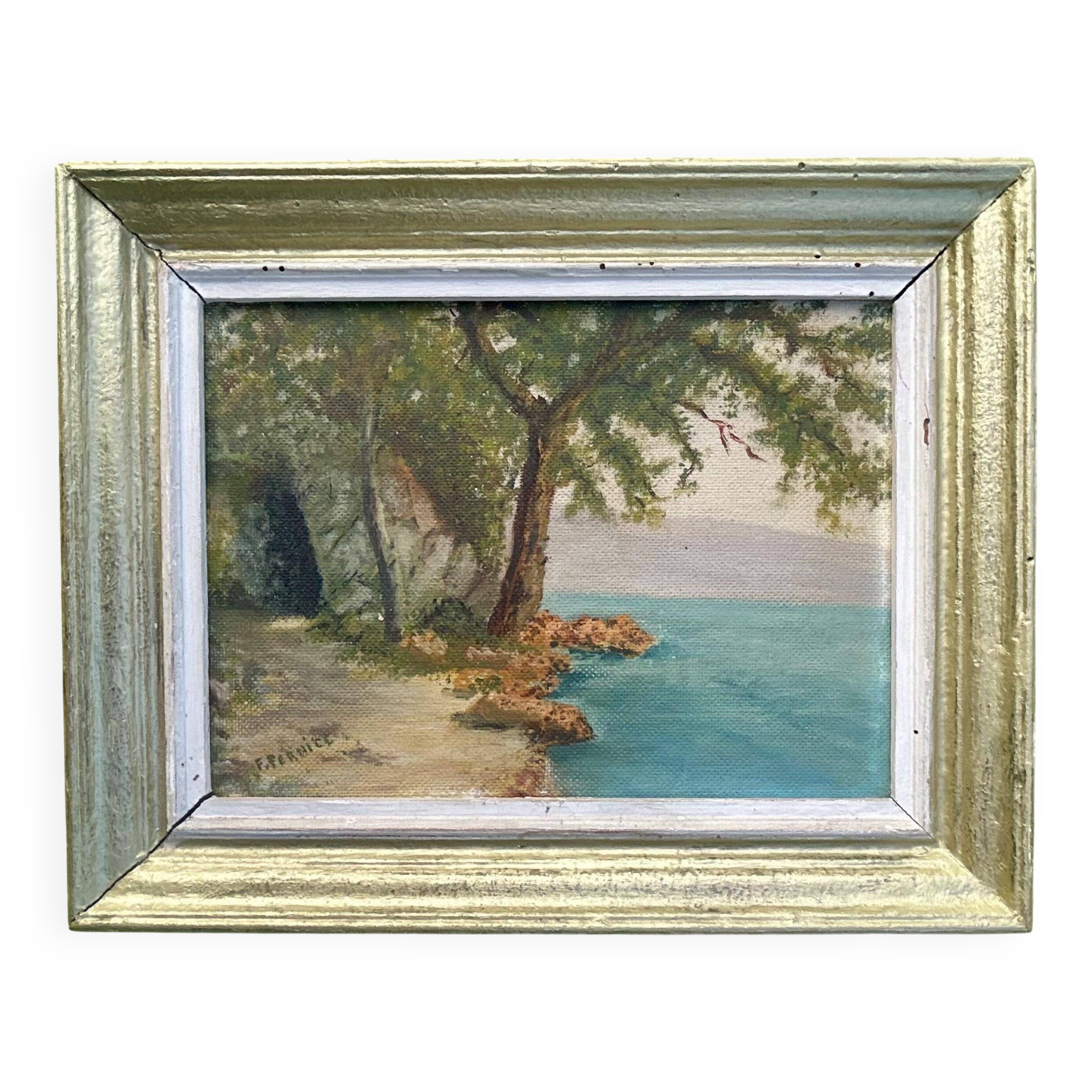 940s French Oil Landscape – Lake View from Aix-les-Bains, Signed Painting