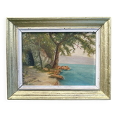 940s French Oil Landscape – Lake View from Aix-les-Bains, Signed Painting